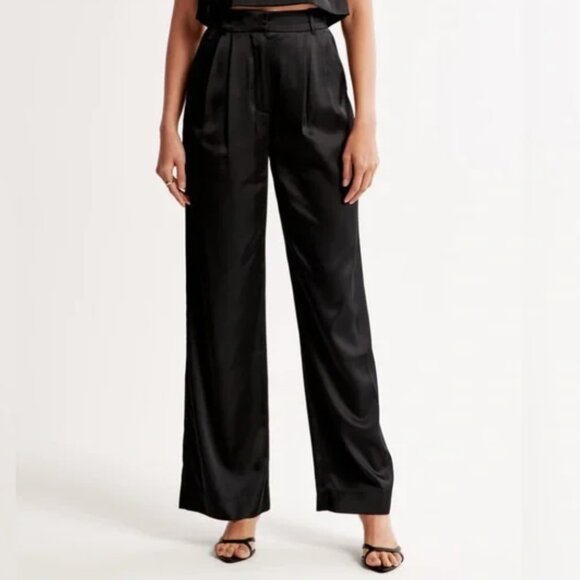 Abercrombie & Fitch Pants - A&F Sloane Tailored Satin Trousers Pant 26/2 short Black High Rise Wide Leg NWT